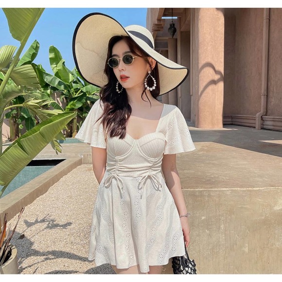 IVORY Corset Style Flutter Sleeve Gauze Mini Dress with shorts, Large